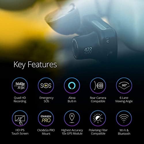 NextBase 422GW Dash Cam + מצלמת חלון אחורית - הקלטת HD 1440p במצלמת רכב - Wi -Fi GPS Bluetooth Alexa מופעל -