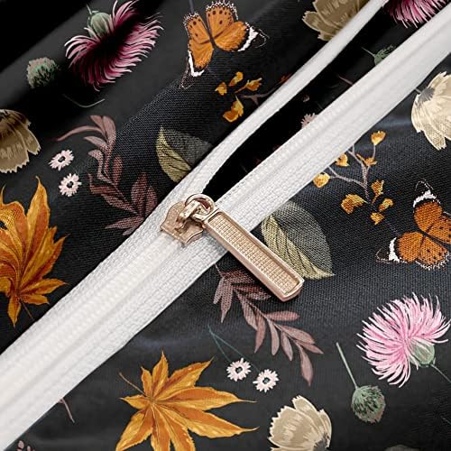Sedefen שחור פרחוני כיסוי שמיכה סט מלכה עם פרח ורוד אסתטי רב צבעוני בצבע צבעוני פרפר צהוב מודפס מצעי דפוס
