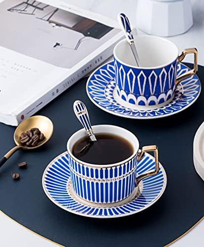 סט ג ' וסלפה של 4 כוסות תה ותחתיות מודרניות אלגנטיות בצבע כחול וורוד בגודל 7.4 אונקיות-כוס קפה עם רוטב וכפות,
