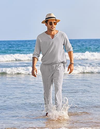 קואופנדי 2 חתיכות פשתן כותנה סט חולצת הנלי שרוול ארוך ומכנסי חוף מזדמנים תלבושות יוגה קיץ