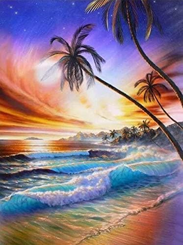 ציור יהלומי נוף חוף ים תמונת רקמת יהלומים ריינסטון שקיעה פסיפס קישוט יהלומי ציור 8 60 על 80 סמ