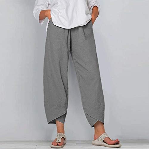 YZHM נשים בצבע אחיד מכנסי פשתן כותנה קיץ נוח נוח מכנסיים קצוצים ברגליים בכיסים טרקלין רופפים מכנסי