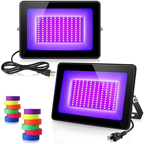 2 חבילות 60W UV שיטפון אור שחור, IP67 עמיד למים עמיד למים LED אורות שחורים עם קלטת פלורסנט, 395NM-405NM Blacklight