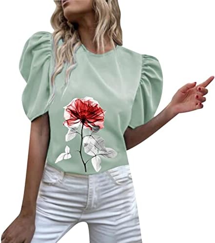 ארוך שרוול רגיל חולצה נשים נשים לקפל קצר שרוול צוות צוואר פרח מודפס חולצה למעלה מזדמן רזה חולצות