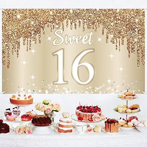 שמח מתוק 16 יום הולדת באנר רקע קישוטי עבור בנות, זהב לבן מתוק 16 יום הולדת סימן ספקי צד, שש עשרה