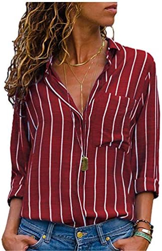 פס נשים של Andongnywell חולצות שרוול ארוך חולצות כיסים קדמיים רגילים פונה חולצות כפתורים