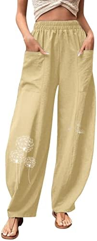 מכנסי פשתן לנשים מכנסי הרם הדפסים מזדמנים עם מכנסיים עם כיס בוהמי אלסטי רופף מכנסיים מחודדים רופפים