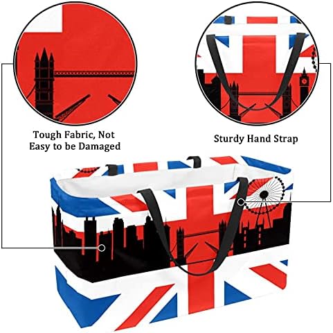Lorvies תיקי מכולת לשימוש חוזר דגל בריטי עם לונדון סיטי נוף מתקפלים רחיצה מתקפלת פחי אחסון סל קניות סל