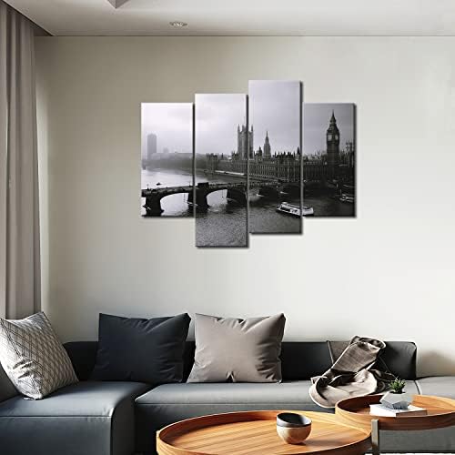 סירות גשר ארוכות בשחור לבן סירות על מים גבוהים בניינים קיר אמנות ציור התמונה הדפסה על תמונות קנבס לעיר