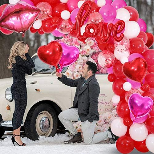 ערכת גרלון בלון ליום האהבה, 117 יחידות אדום בלונים לבנים ורודים לוהטים עם שפתיים לב אוהבים בלוני נייר כסף ליום