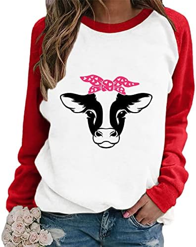 נשים בעלי החיים הדפסת סוודר חמוד פרה גרפי צוות צוואר חולצה ארוך שרוול טיז חולצות רופף שחבור חולצות