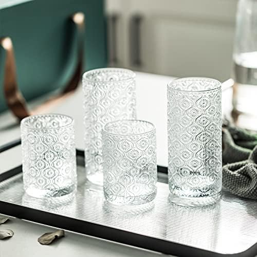 כוסות זכוכית סט כלי זכוכית וינטג ' של 4, כוסות שתייה 9 עוז, סט כוסות קוקטייל שקוף בסגנון דפוס מובלט, לקפה קרח,