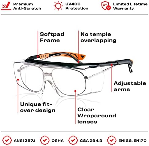 משקפי בטיחות נוקריים שמתאימים מעל משקפי המרשם שלך; הגנה על UV400; ANSI Z87; 10 חבילות; צרור 2: שחור וכתום;