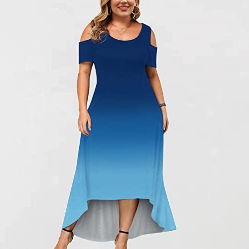 נשים בתוספת גודל מידי ארוך שמלת שיפוע צבע קר כתף קצר שרוול מזדמן יולדות שמלה גבוהה נמוך מכפלת