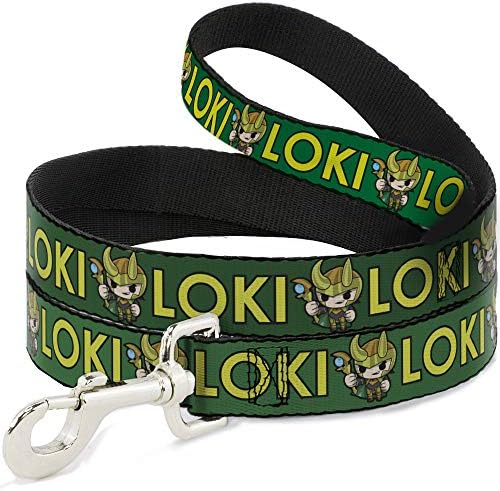 רצועת כלבים Kawaii Loki עומדת תנוחה טקסט ירוק צהוב 4 מטר אורכו 1.0 אינץ 'רוחב