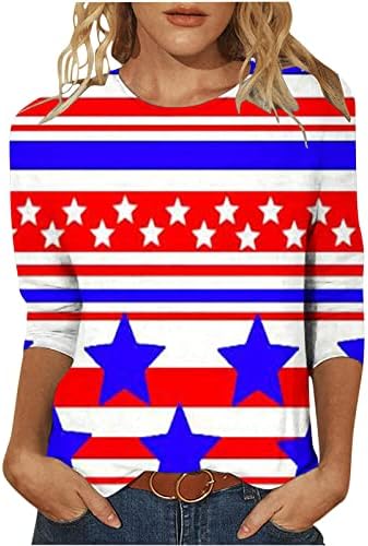 אמריקאי דגל חולצה נשים 3/4 שרוול כוכב פסים פטריוטי חולצות עגול צוואר שלושה גוארטר אורך שרוול חולצה