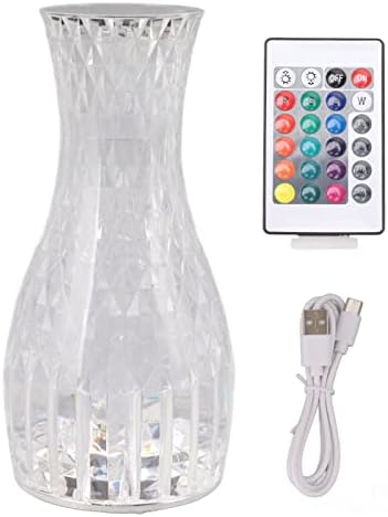 מנורת קריסטל, 16 בקרת מגע בצבע מנורת שולחן יהלום ורד, מנורת קרני אקריליק דקורטיבית נטענת USB עם שלט רחוק, מנורת
