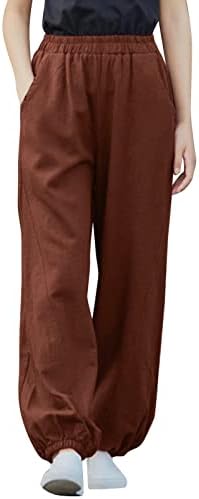 מכנסיים מזדמנים של Sutwoen Womens 2023 קיץ אלסטי מותניים גבוהים כותנה פשתן מכנסיים רופפים בכושר