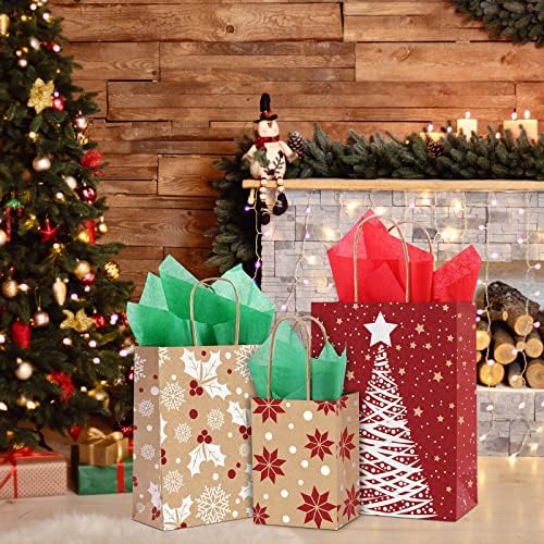 24 חתיכות חג המולד קראפט מתנת שקיות לשימוש חוזר נייר שקיות עם ידיות מגוון חג המולד גודי שקיות עם תגים