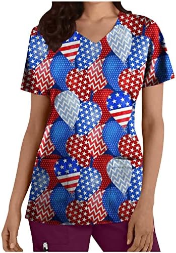 צמרות יום העצמאות לנשים דגל אמריקה לבוש אחידה אחידה אחידה חולצת חולצות שרוול קצר בצוואר עם כיסים