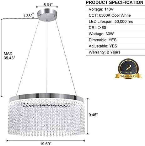 Buccleuch נברשת LED מודרנית Crystal Crystal Contemporary Leverstument Blast בגוף 6500K Cool לבן לעומק לחדר אוכל