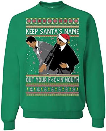 הלבשה בהתאמה אישית פרועה שמור על שם סנטה מחוץ לפה שלך מופע פרסים meme מצחיק סוודר חג המולד מכוער