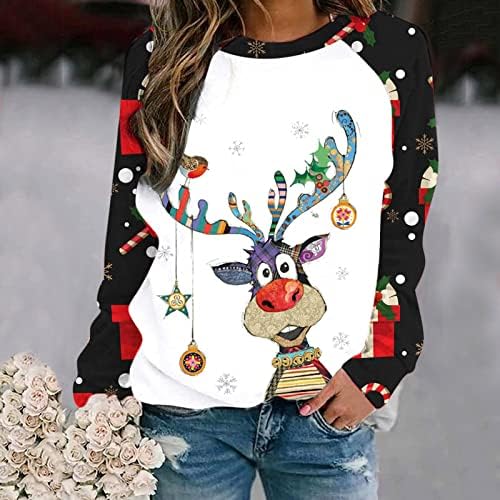 חולצות שרוול ארוך לחג המולד לנשים סווטשירטים מזדמנים איילים צבעוניים חולצות הדפס שלג חולצות טוניקה חולצות