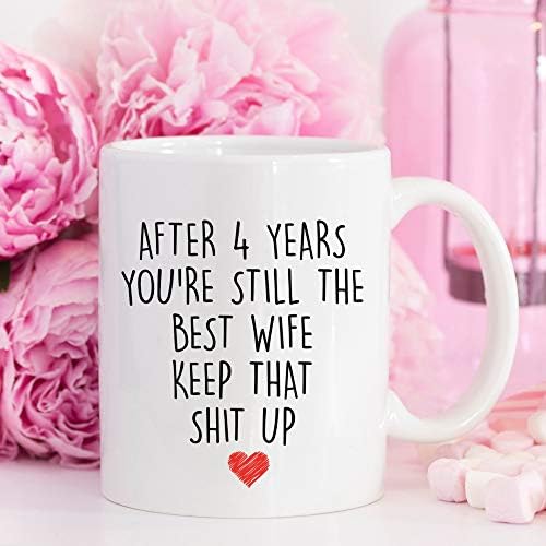 יוניק מעצבת עבורה ספל קפה ליום השנה 4, 11 אונקיות, כוס יום נישואין 4 לאישה, ארבע שנים, שנה רביעית, שנה 4