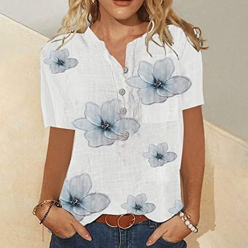2023 צמרות קיץ לנשים חולצות פשתן הנלי צוואר לבוש חולצה מזדמנת כפתור מעלה חולצה פרחונית רופפת הוואי