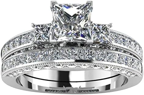 2 PC של נשים זהב מלא כיכר CZ נסיכה חתוכה 3 אבן חתונה טבעת חתונה סטים כלות תכשיטים טבעות הבטחה