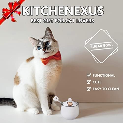 Kitchenexus קערת סוכר קרמיקה קטנה, קערת סוכר חרסינה עם מכסה וכף נירוסטה כף 8.5oz/240 מל עם דפוס חתול