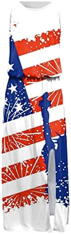 שמלת 4 ביולי לנשים דגל אמריקאי פטריוטי מזדמן שמלות מקסי ארוכות שמלות שמש ללא שרוולים עם כיס