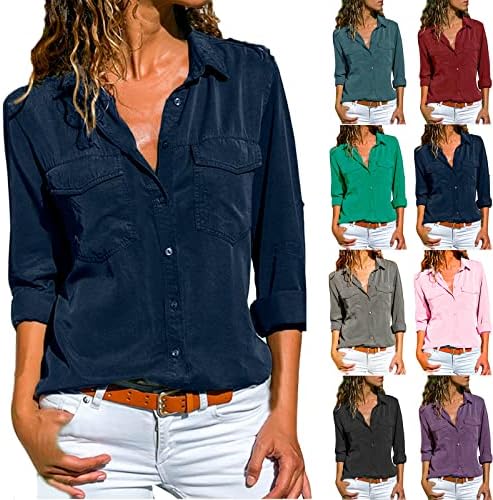 חולצות לנשים שרוול ארוך רופף בכושר ס-5 כפתורים למטה דש עם שני כיסים מוצק טרנדי מקרית טיז חולצות