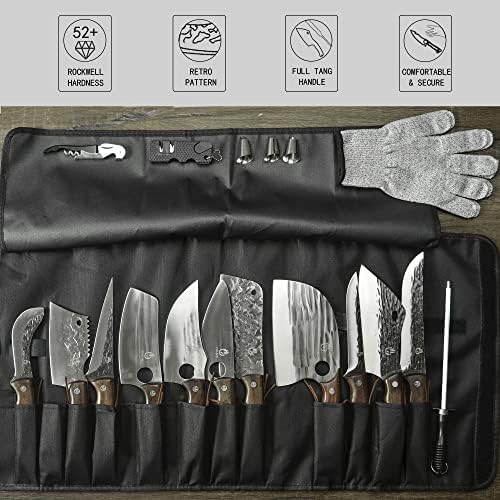 סט סכין שף שף של Fullhi 17 יח 'כולל נדן פחמן גבוה פחמן סכין מטבח סכין טנג טאנג קליבר בית קמפינג