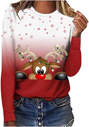 סווטשירט של איילים משובצים לנשים סוודר חג המולד חולצת טריקו מדרגה שלג שלג שרוול ארוך טוניקה סווטשירט חג