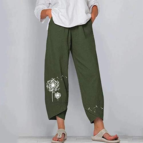 מכנסי קאפרי לנשים כותנה פשתן רחבה מכנסיים קצוצים לנשים קיץ מכנסי חוף רופפים מכנסיים מותניים אלסטיים