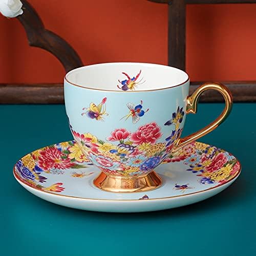 Fanquare צבעוני עדין עצם סין קפה כוס קפה וצלוחית עם כף, כוס תה פרפרים פרחים, כחול
