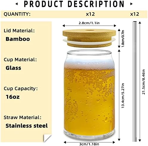 כוסות זכוכית 16 עוז עם מכסי במבוק וקש נירוסטה-12 יחידות סט כוסות שתייה בצורת פחית בירה, כוסות