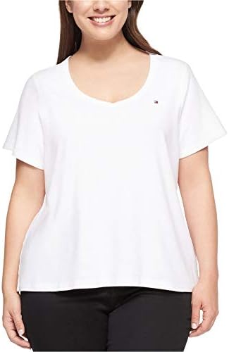 חולצות שרוול קצר טומי הילפיגר-חולצות כותנה לנשים עם מחשוף וי ופרטי לוגו