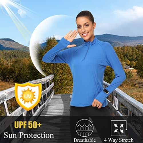 CUNYI נשים UPF 50+ הגנה מפני השמש שרוול ארוך רבע סוודר רוכסן מהירות חולצות טיול יבש מהירות עם צמרות אימון כיסי