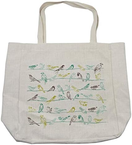 תיק קניות של Ambesonne Birds, סוגים שונים של ציפורים יושבות ומצייצות על חוטים יצורים מוזיקליים הדפסים,