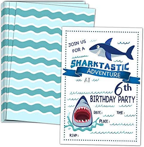 ukebobo הזמנות למסיבת יום הולדת 6 עם מעטפות-הזמנות למסיבת יום הולדת של כריש, קישוטים למסיבות כריש-20