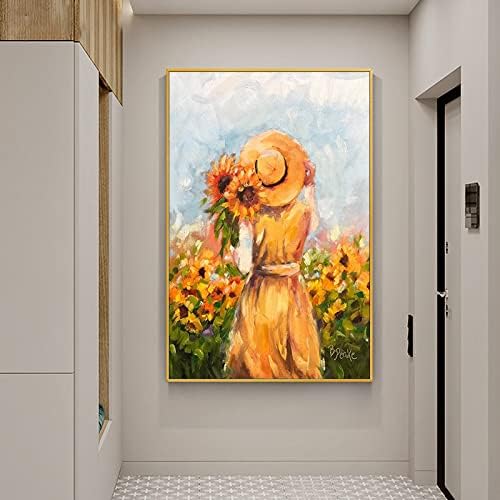 סטודיו Wunm CE ציור שמן צבוע ביד-פרח פרח פרחוני חמניות פרחוני דמות אלגנטית ילדה אחורית חדר אוכל בגודל גדול