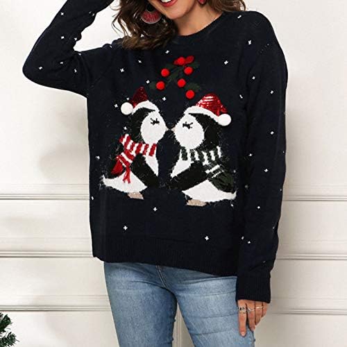 סוודר חג מולד מכוער לנשים פינגווין שמח ג'קארד-אריגת סוודר רופף צמרות אופנה סוודרים סרוגים מזדמנים