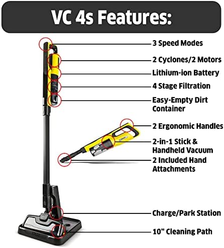 Karcher VC 4S שואב ואקום מקל אלחוטי קל משקל קל אלחוטי לרצפות קשות, שטיחים, פרווה לחיות מחמד ועוד-2 ב -1 ב -1 ואקום