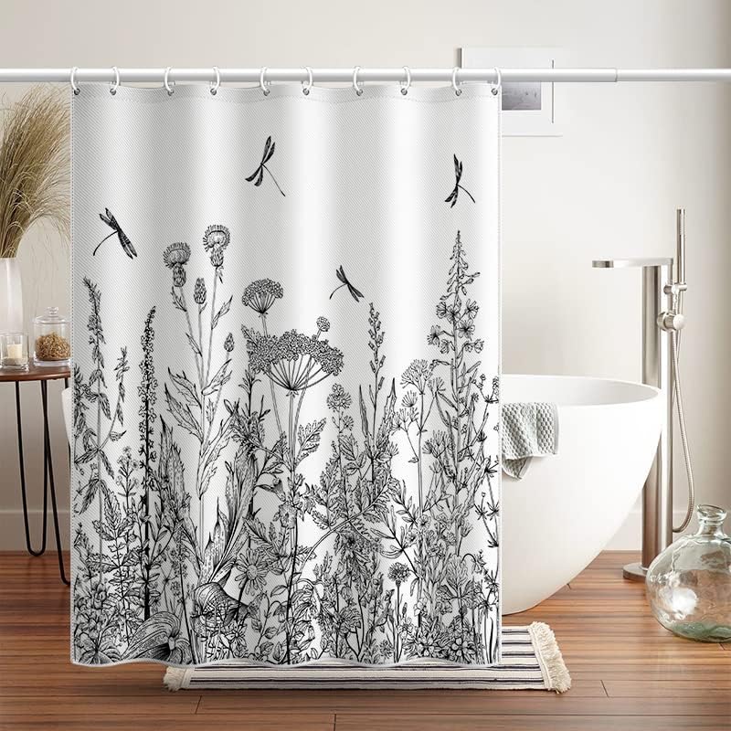 DEDOODAH BOHO וילונות מקלחת בשחור לבן לחדר אמבטיה - תוחם בד עלים פרחוניים וצמחיים לעיצוב אטום מים אטום