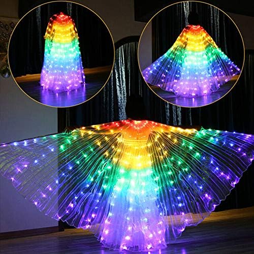 אורות LED כנף ריקוד בטן מדליקים אגף איזיס, כנפי ריקוד פרפר צבעוניות עם מקל טלסקופי, בגדי ביצועים זוהרים