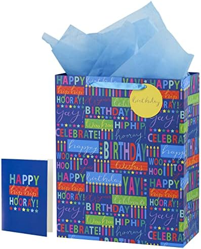 שקיות מתנה כחולות עם יום הולדת שמח צבעוני מודפס בגודל בינוני עם נייר טישו, תג, כרטיס ברכה ליום הולדת-15.5 איקס
