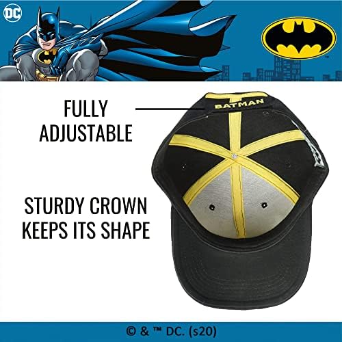 קומיקס באטמן בייסבול כובע, רקום לוגו מתכוונן כובע עם שוליים מעוגלים, שחור, אחד גודל