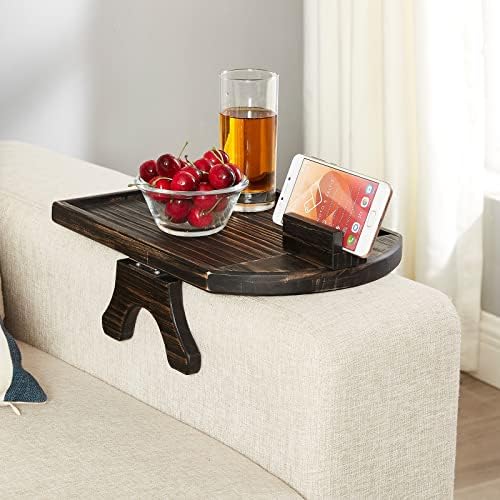 מגש זרוע ספה קלורמוס עם מחזיק טלפון מסתובב 360 מעלות, קליפ על שולחן מגש צד משענת ספה, שולחן מגש עץ